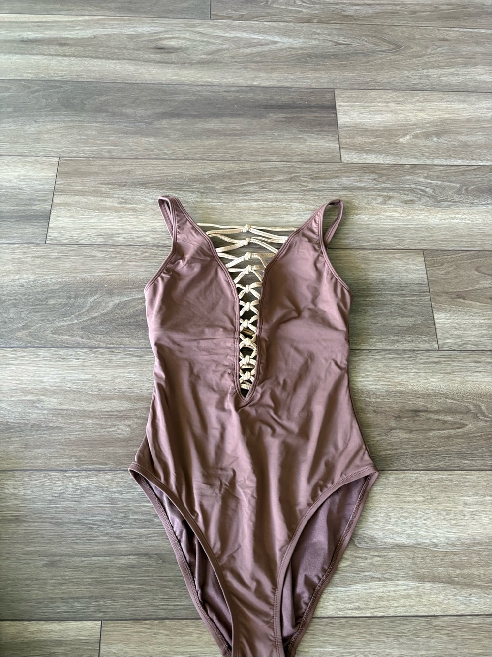 Bleu Rod Beattie Brown One-Piece Swimsuit with Gold Lace-Up Front